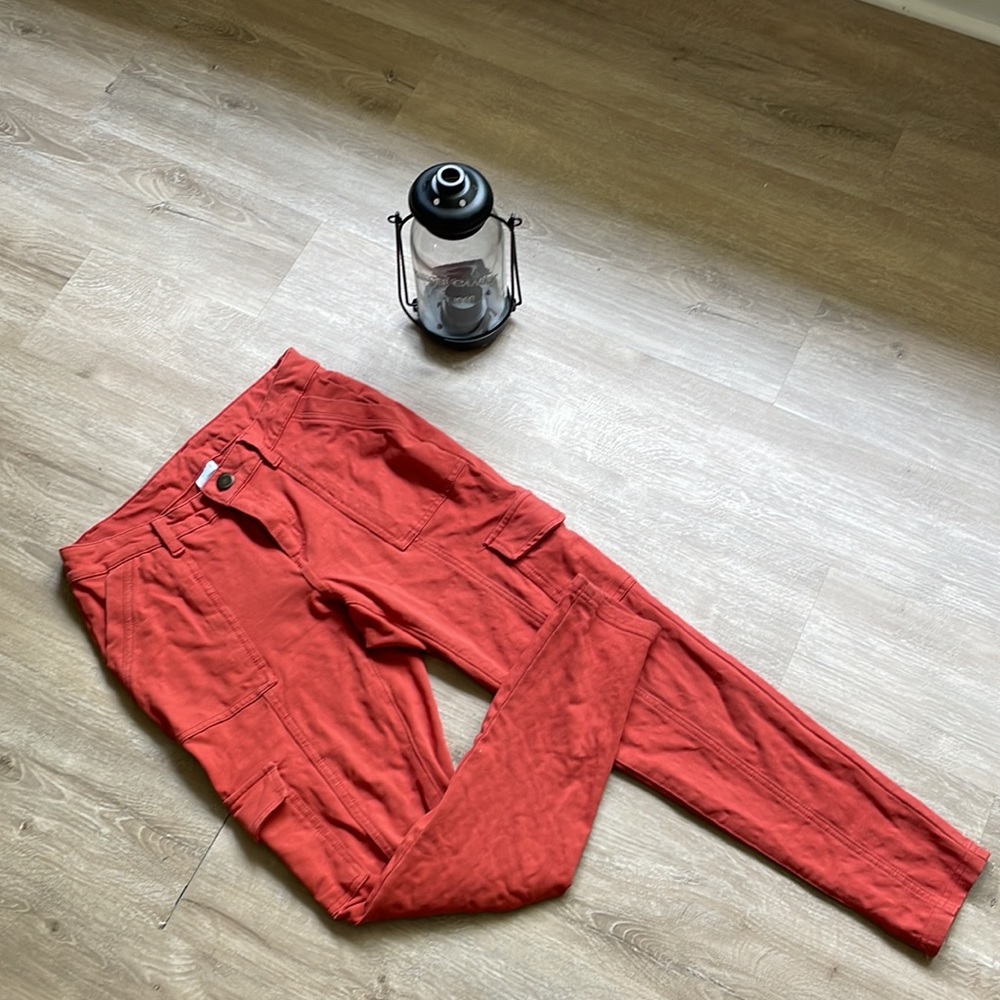 Red/orange colored shinny stretch pants.